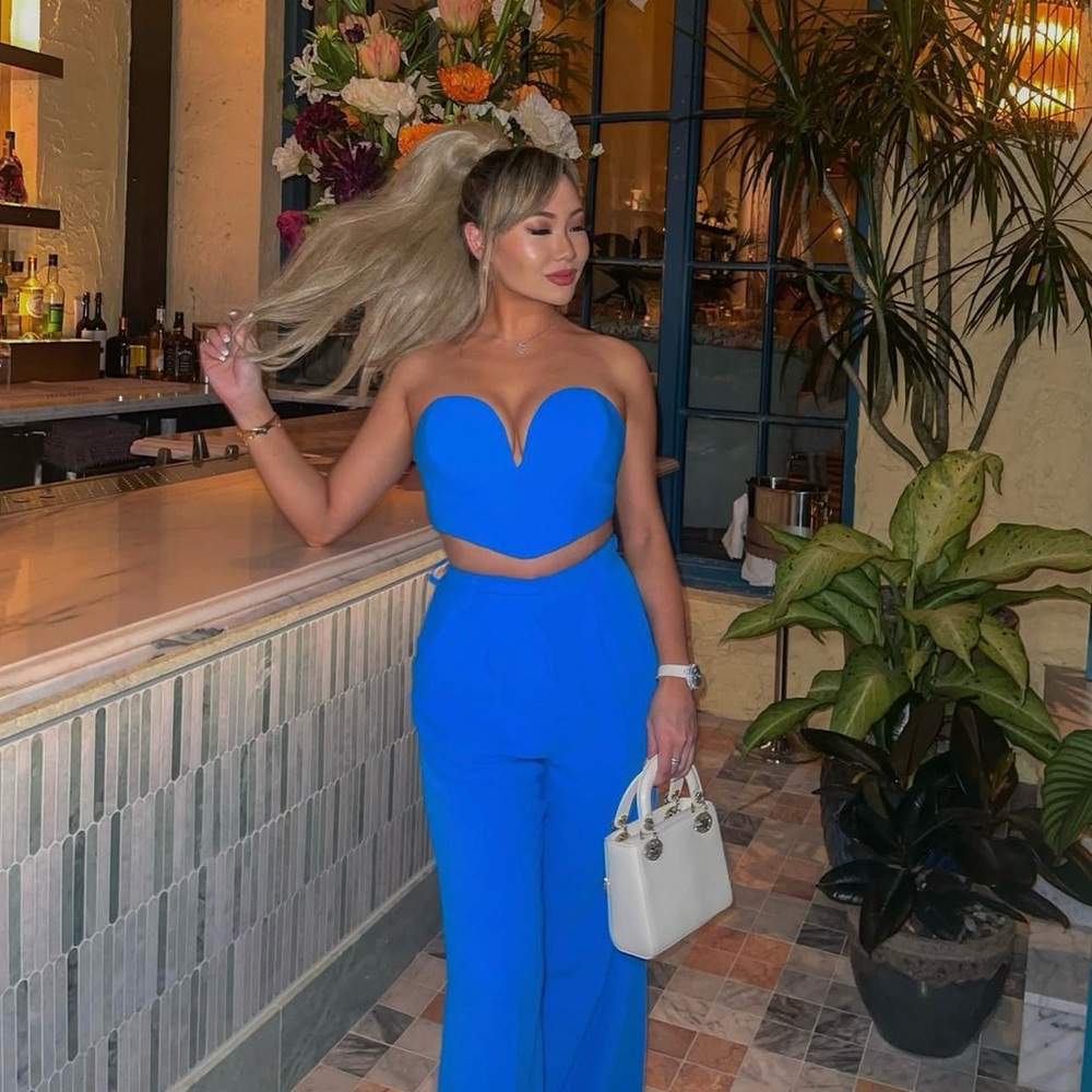 Revolve Amanda Uprichard Sky Blue Set Jane Flare Pants Cherri Crop Top - Picture 2 of 15